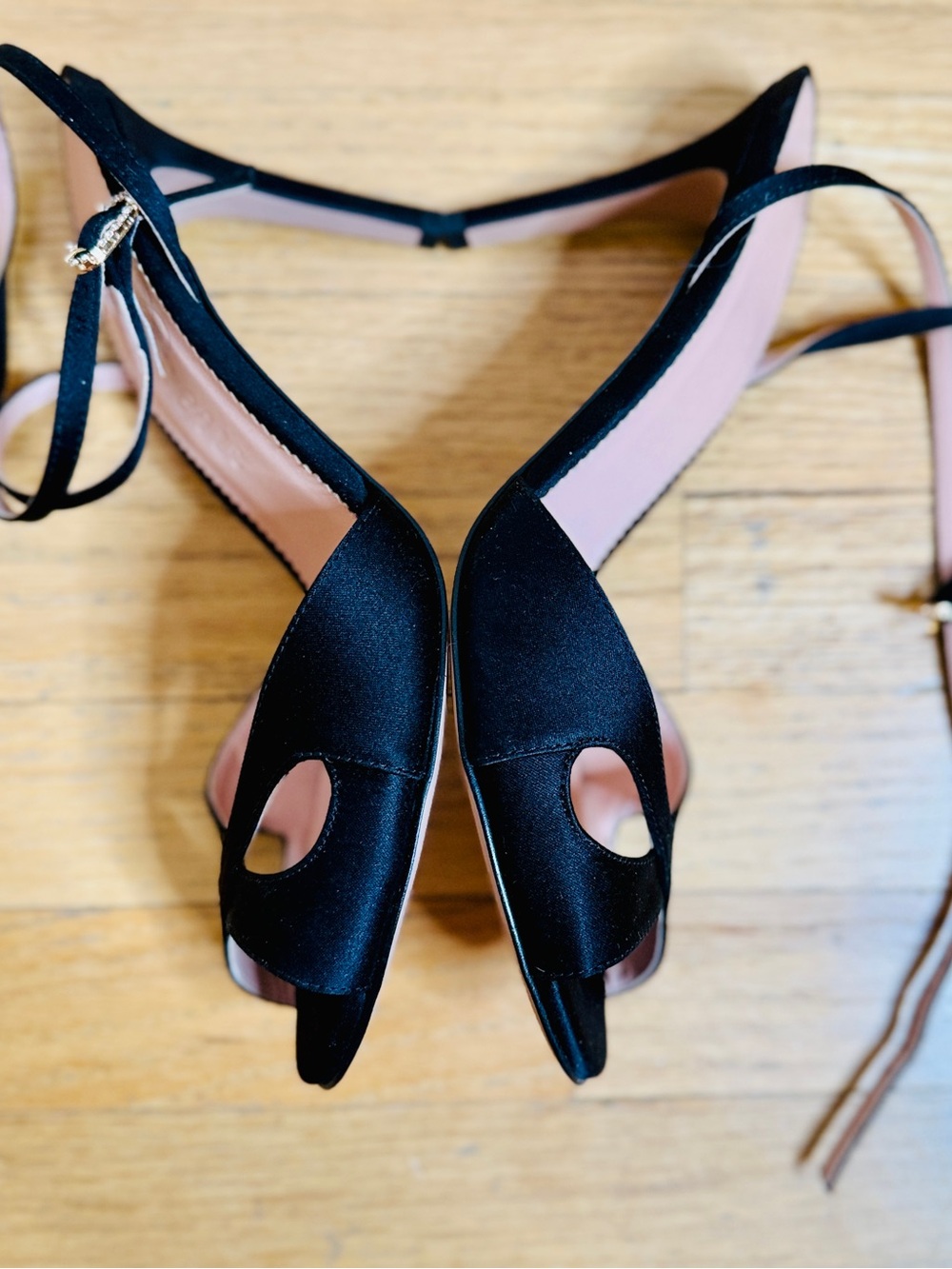 NWOT J. Crew Made in Italy Black Satin Open-Toe Ankle-Strap Heels size 7.5